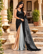 Pure Silk Digital Print Lace Patti Border Saree With Unstitched Blouse(Black Currant)