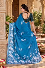 Satin Silk Printed Saree With Unstitched Blouse(Blue)