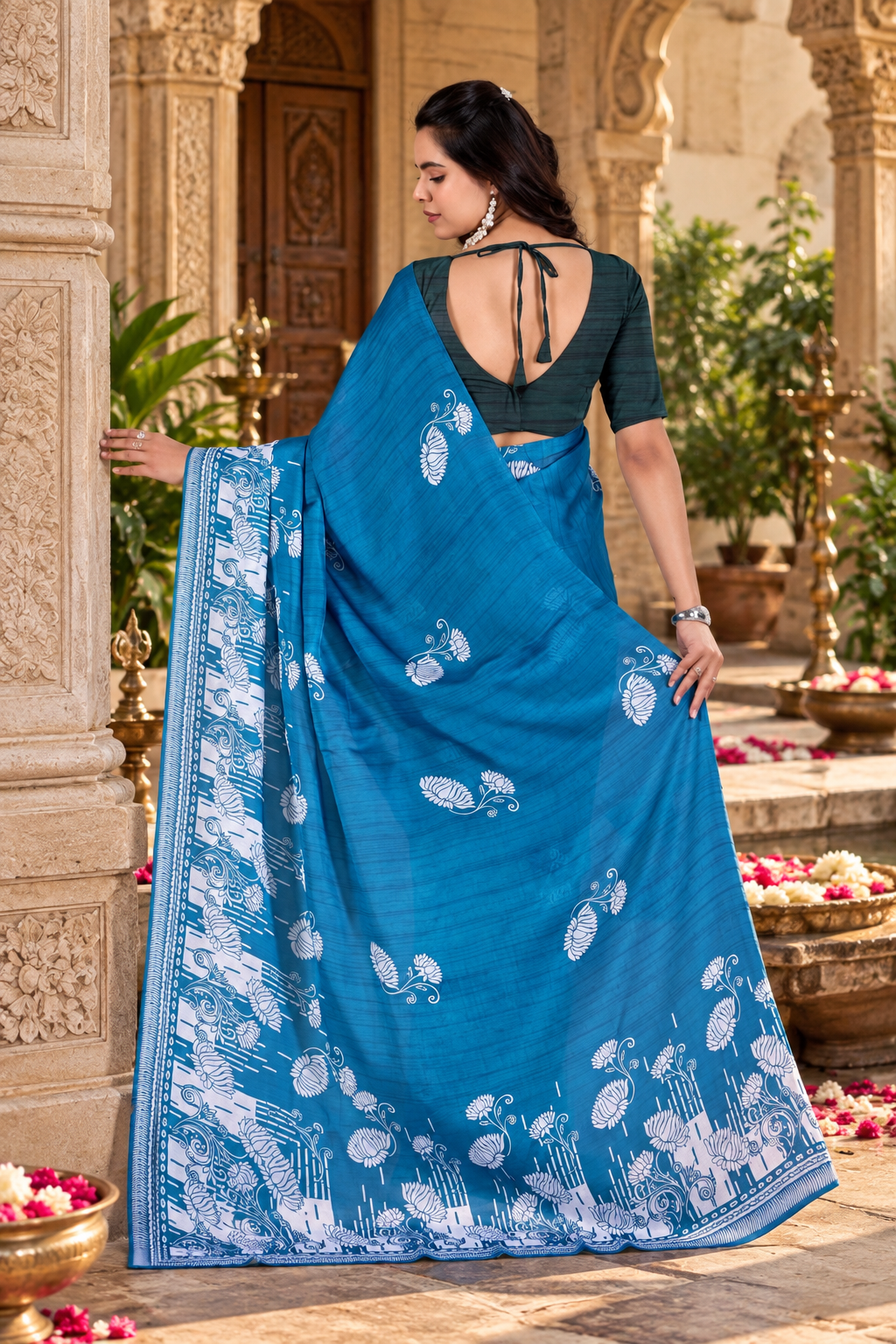 Satin Silk Printed Saree With Unstitched Blouse(Blue)