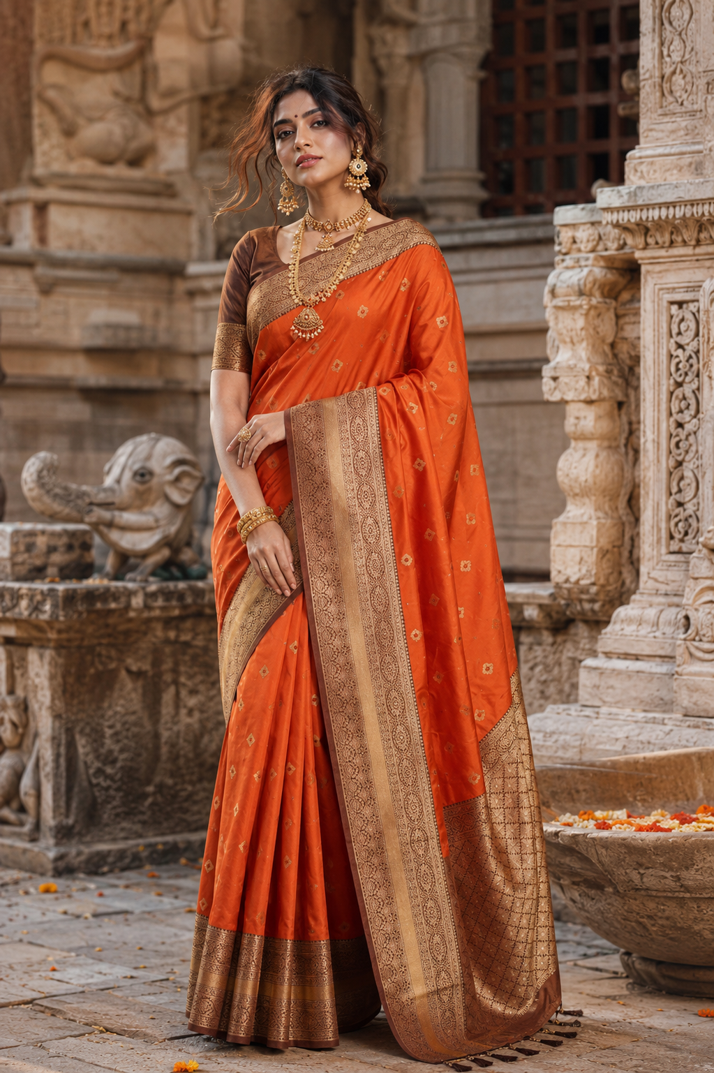 Pure Banarasi Silk Saree With Unstitched Blouse(Orange)