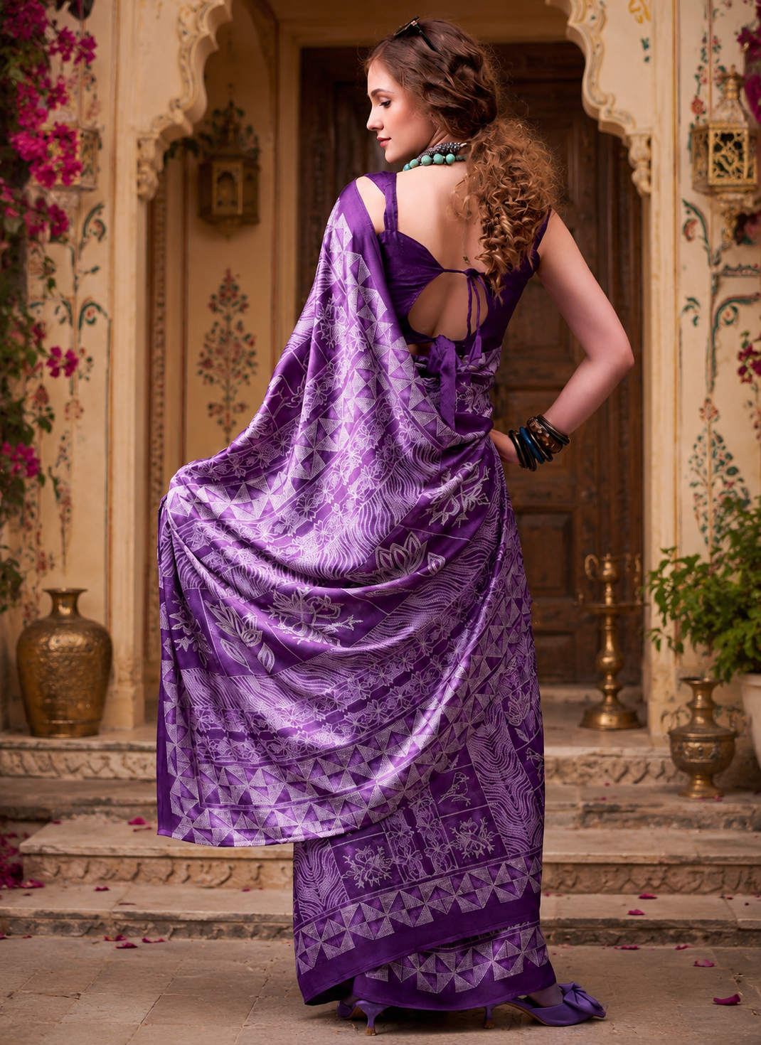 Satin Silk Designer Saree With Unstitched Blouse(Purple)