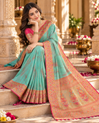 Premium Tissue Silk Zari Border Work Saree With Unstitched Blouse(Green)