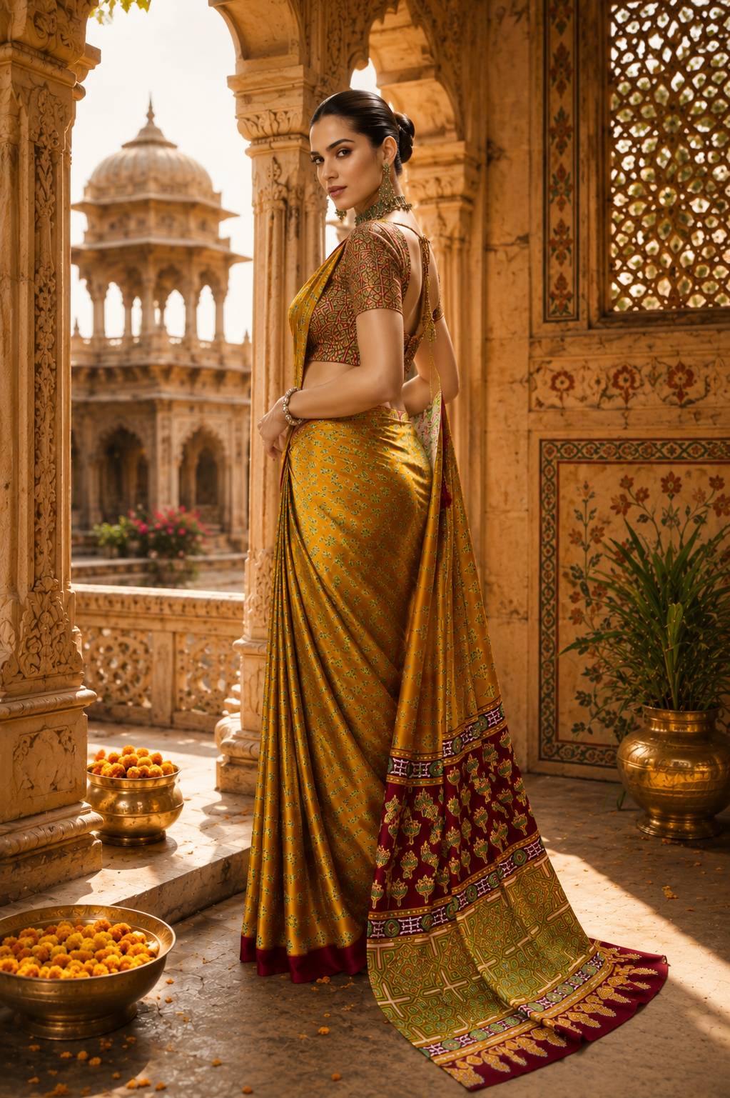 Satin Ajrakh Printed Saree With Unstitched Blouse(Yellow)