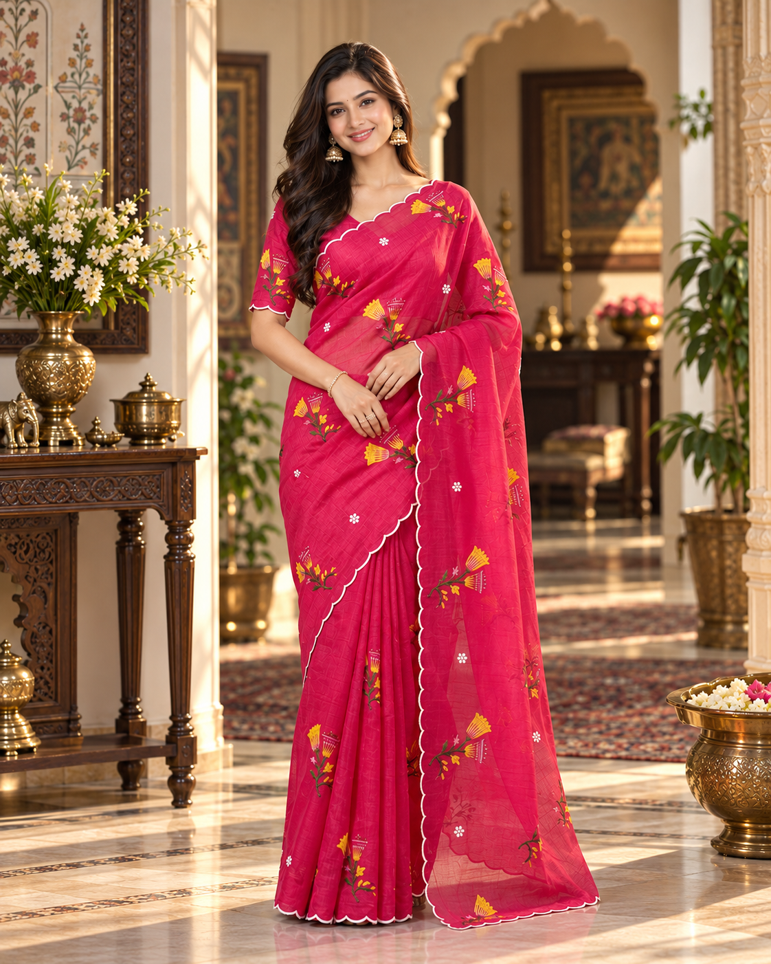Soft Crush Silk Thread Flower Embroidery Work Saree With Unstitched  Blouse (Red)