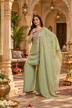 Crunch Silk Straight Kurti Palazzo Set With Dupatta(Pista)