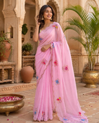 Premium Georgette Butterfly Patch Work Saree With Unstitched Blouse(Pink)
