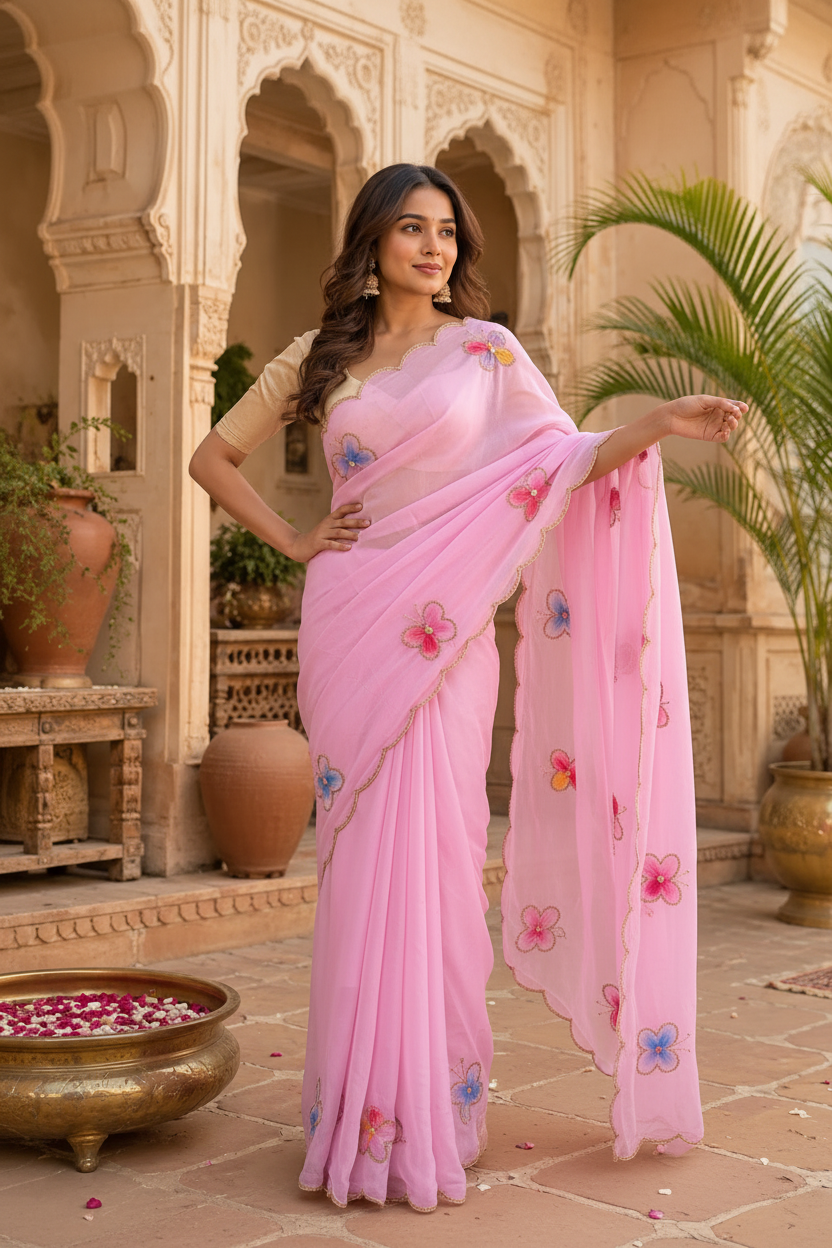 Premium Georgette Butterfly Patch Work Saree With Unstitched Blouse(Pink)