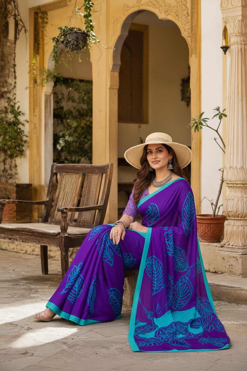 Pure Mulmul Cotton Printed Saree With Unstitched Blouse(Purple)