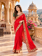 Georgette Embroidery Thread Mirror Work Saree With Unstitched Blose(Red)