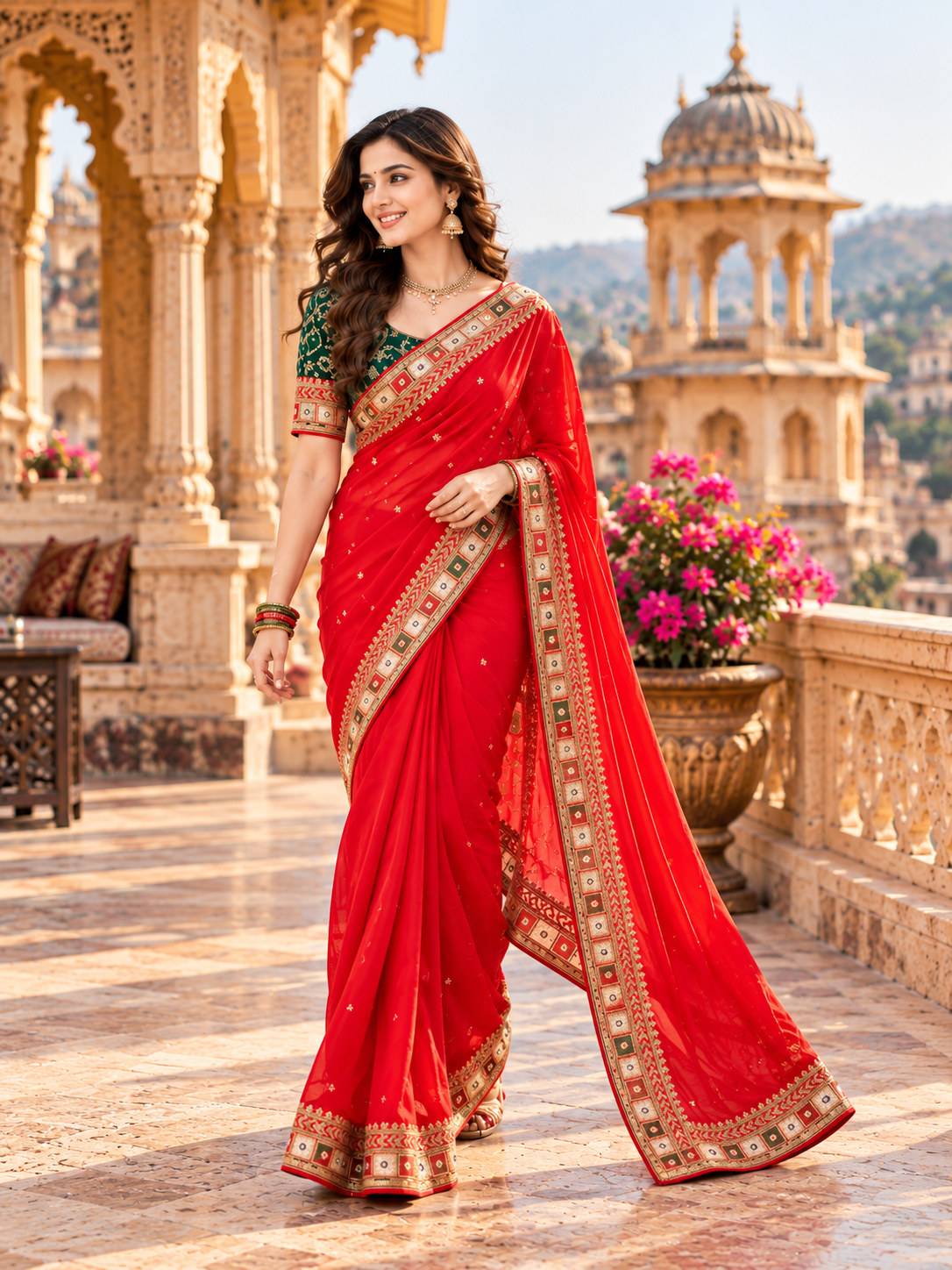 Georgette Embroidery Thread Mirror Work Saree With Unstitched Blose(Red)