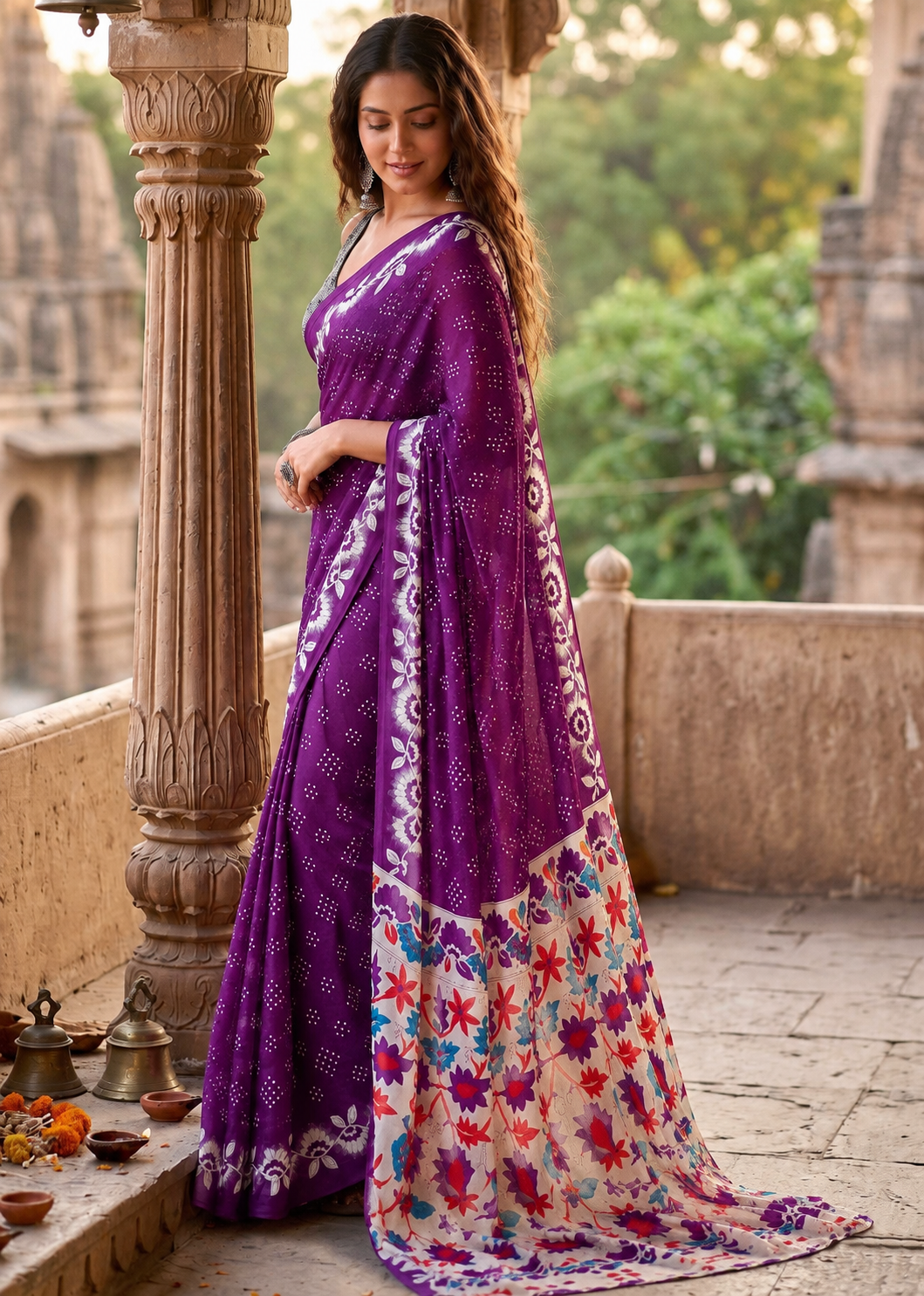 Pure Cotton Bagru Block Printed Saree With Unstitched Blouse(Purple)