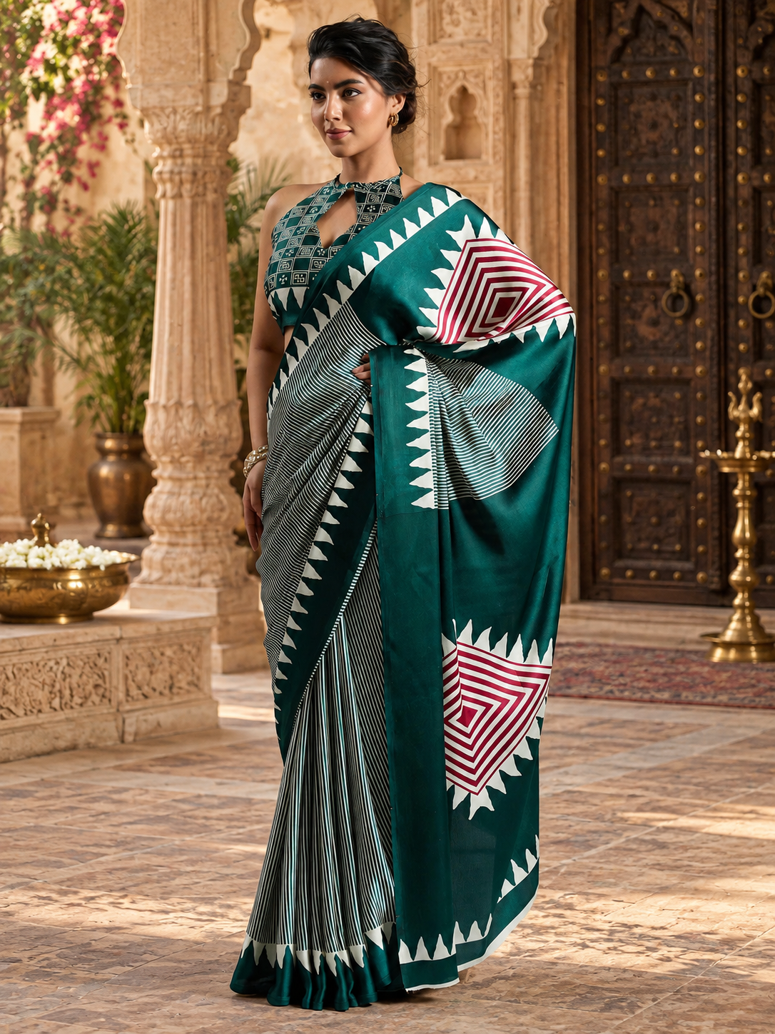 Satin Silk Ajrakh Printed Saree With Unstitched Blouse(Green)