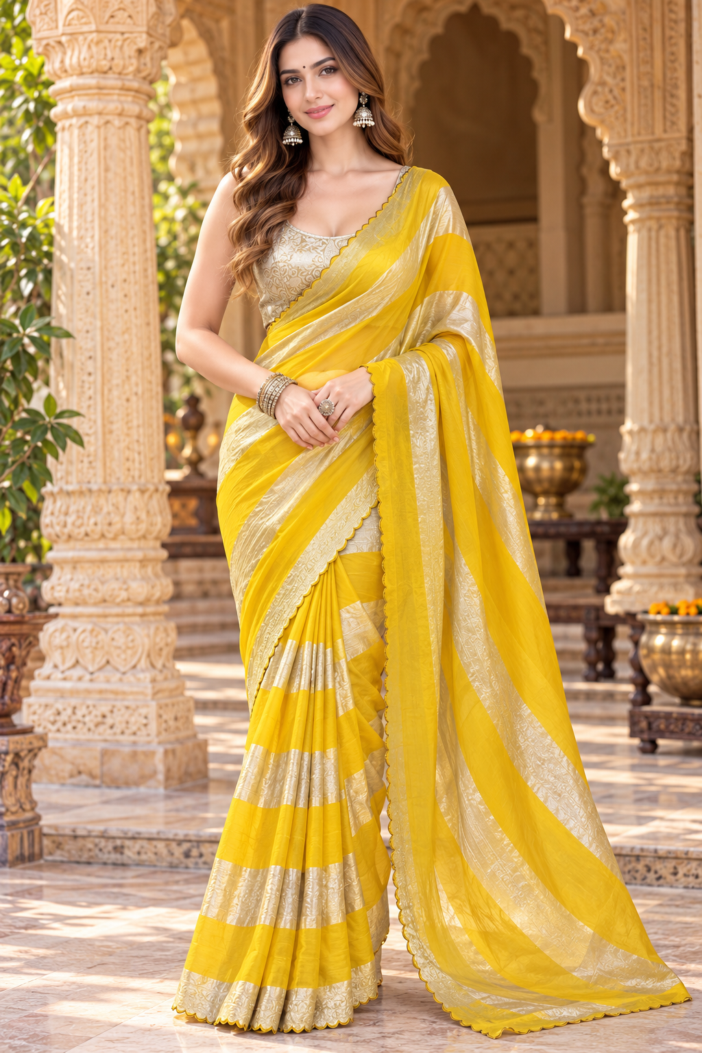 Banarasi Tissue Silk Saree With Unstitched Blouse(Yellow)