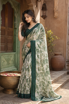 Satin Silk Printed Saree With Unstitched Blouse(Green)