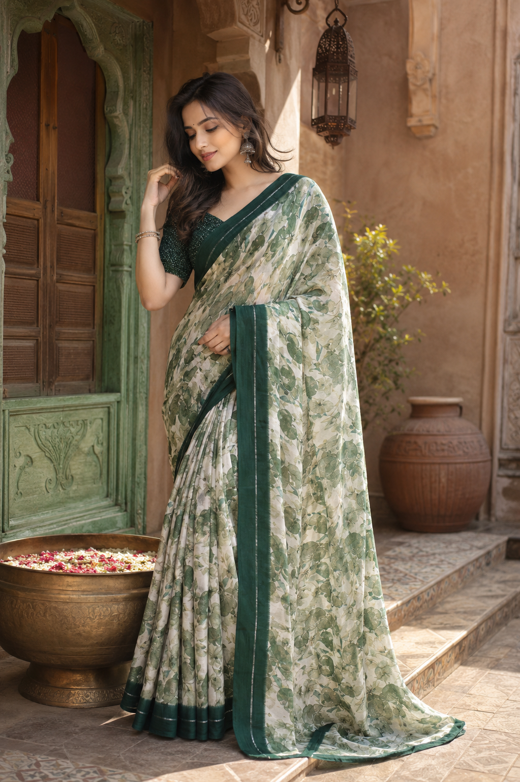 Satin Silk Printed Saree With Unstitched Blouse(Green)