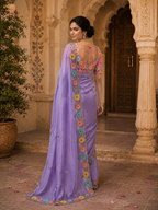 Crepe Silk Embroidery Work Zari Border Saree With Unstitched Blouse(Lavender)