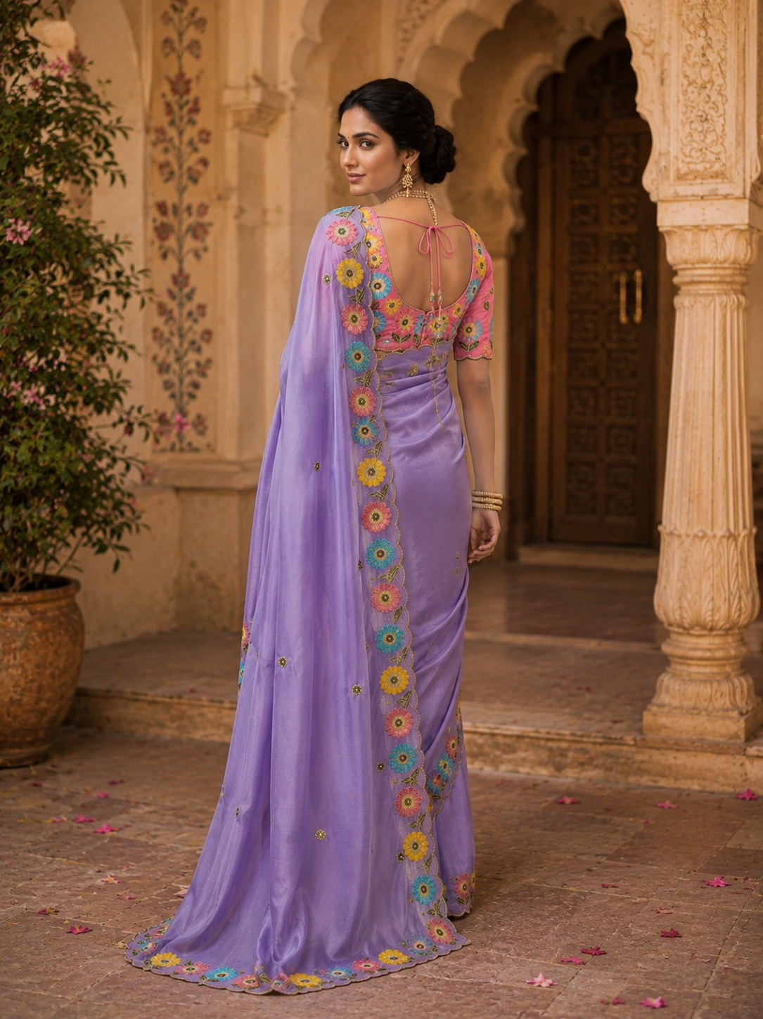 Crepe Silk Embroidery Work Zari Border Saree With Unstitched Blouse(Lavender)