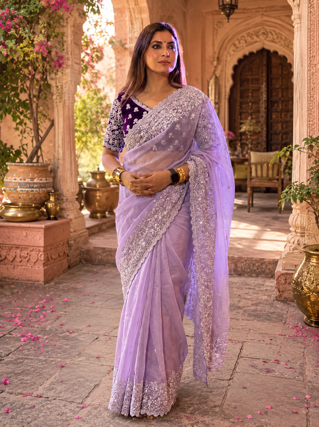 Soft Organza Embroidered Work Saree With Unstitched Blouse(Violet)