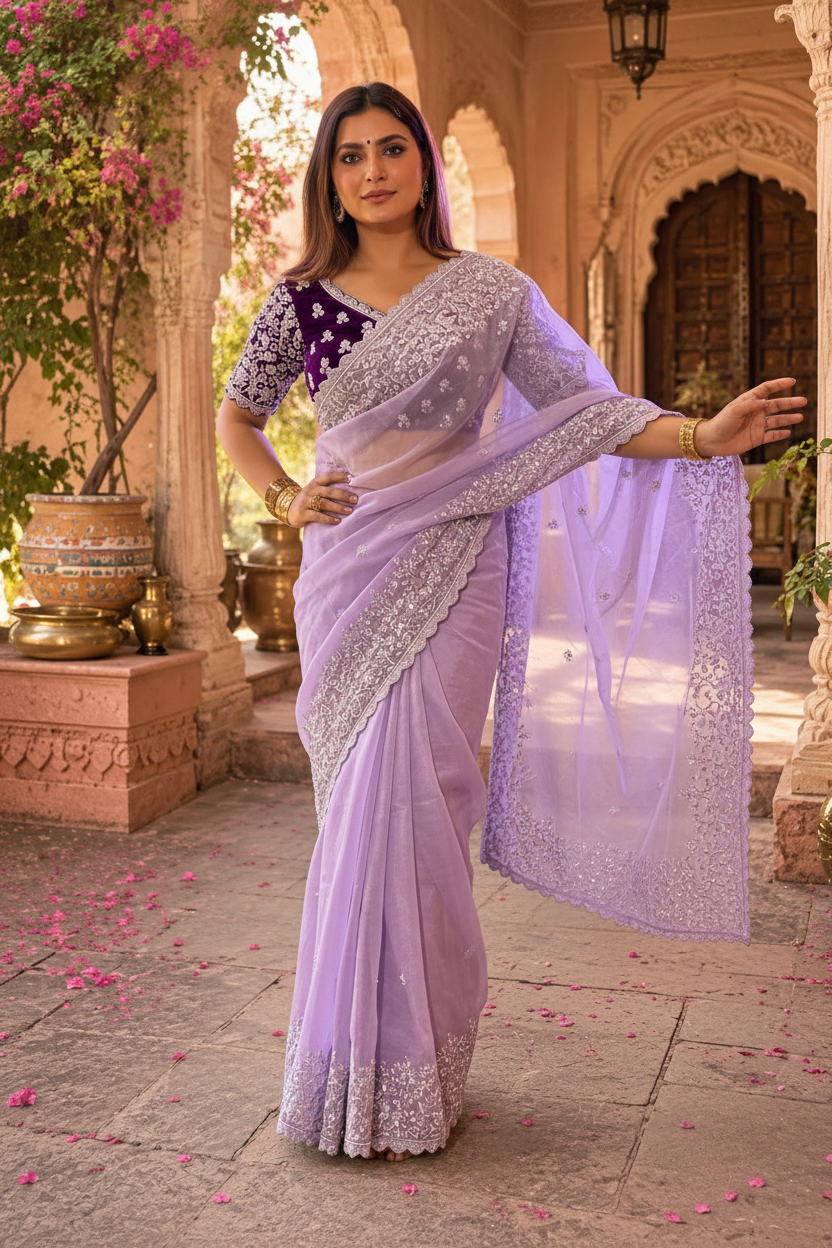 Soft Organza Embroidered Work Saree With Unstitched Blouse(Violet)