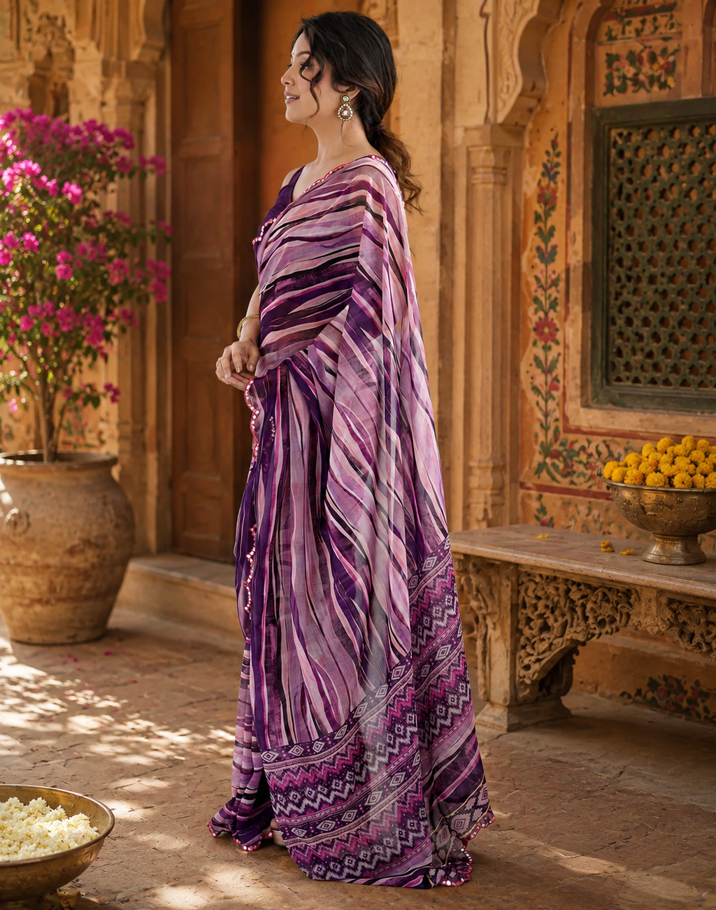 Georgette Printed Mirror Work Saree With Unstitched Blouse(Purple)