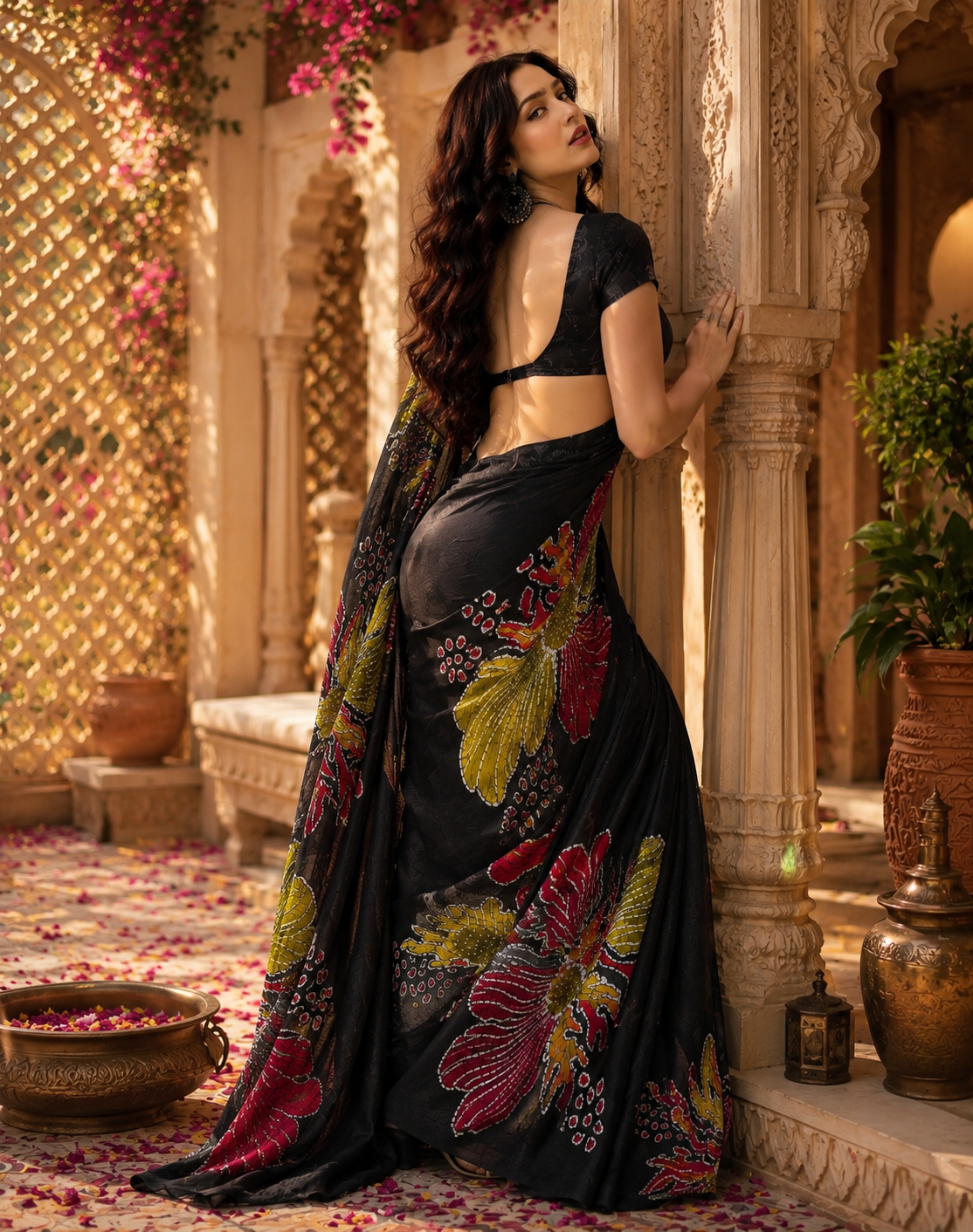 Satin ajrakh print saree with unstitched blouse(black)