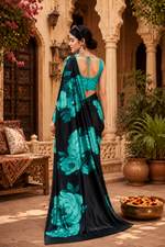 Load image into Gallery viewer, Satin Silk Floral Printed Saree with Unstitched Blouse(Green)
