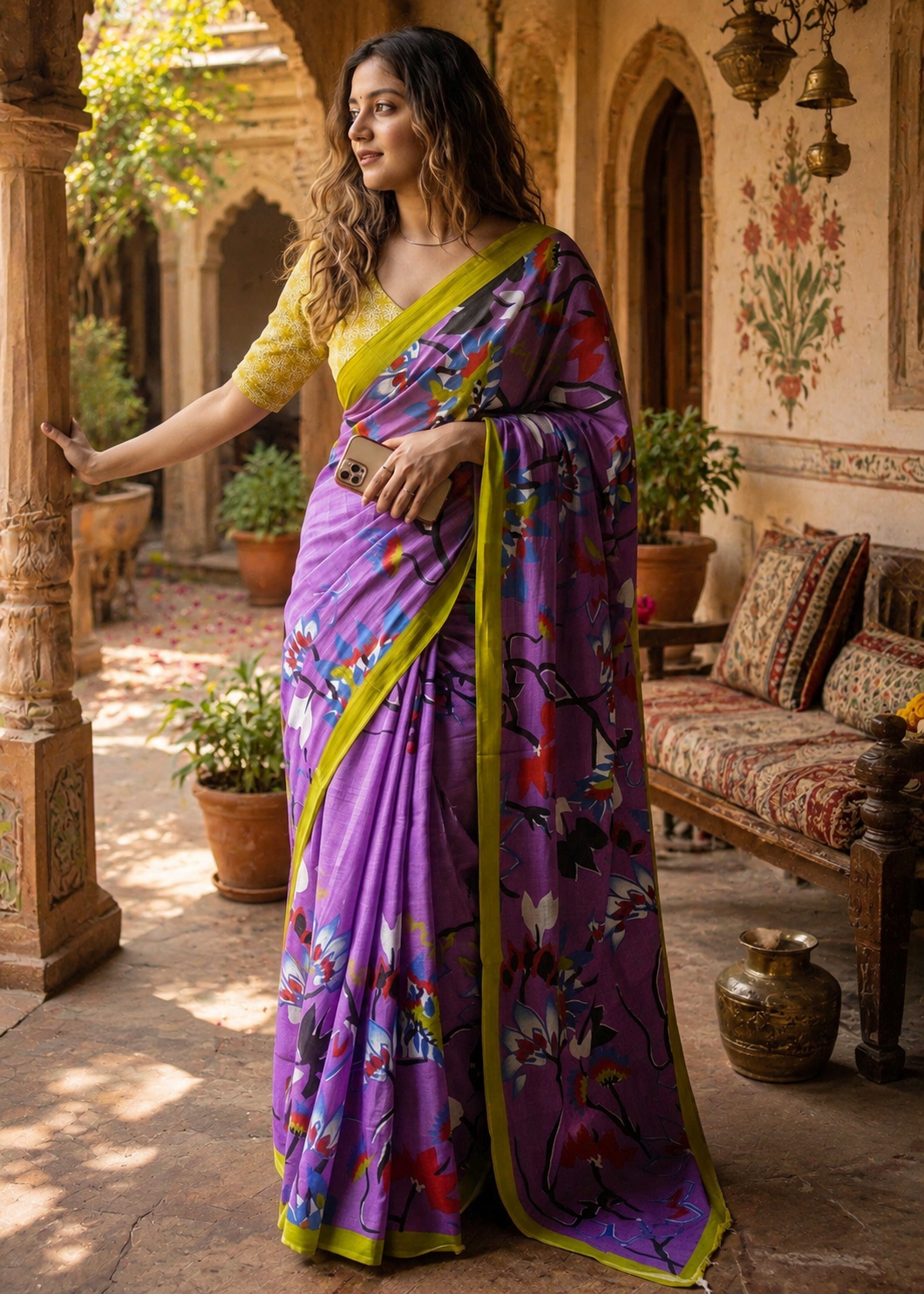 Mulmul Cotton Floral Printed Saree With Unstitched Blouse(Purple)