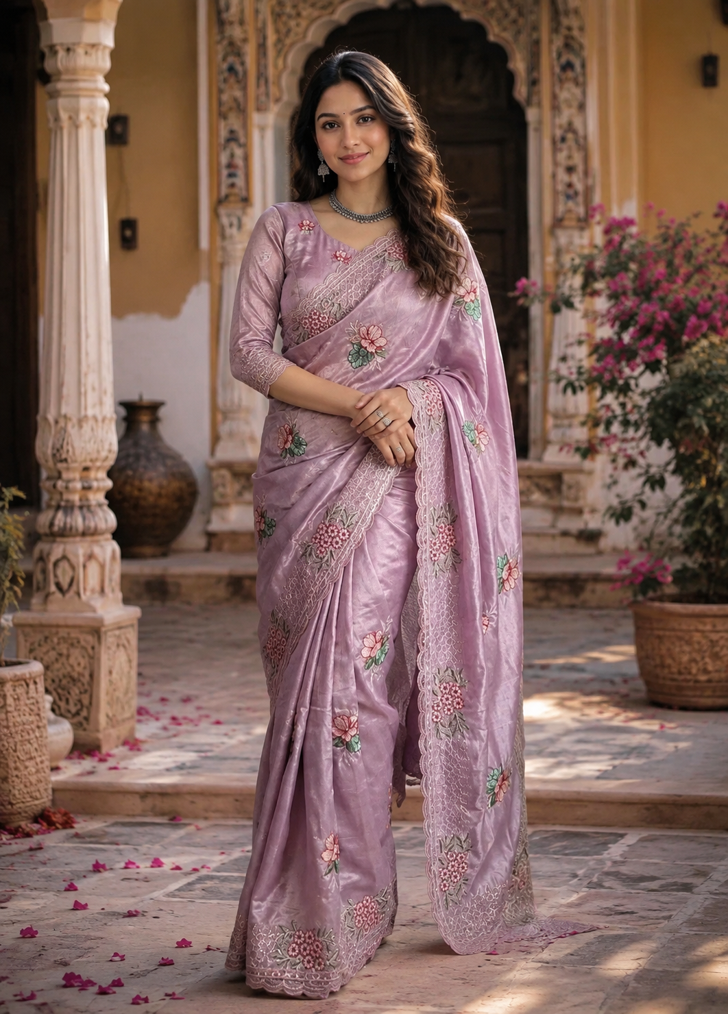 Georgette Multi Embroidery Work Saree With Unstitched Blouse(Pink)