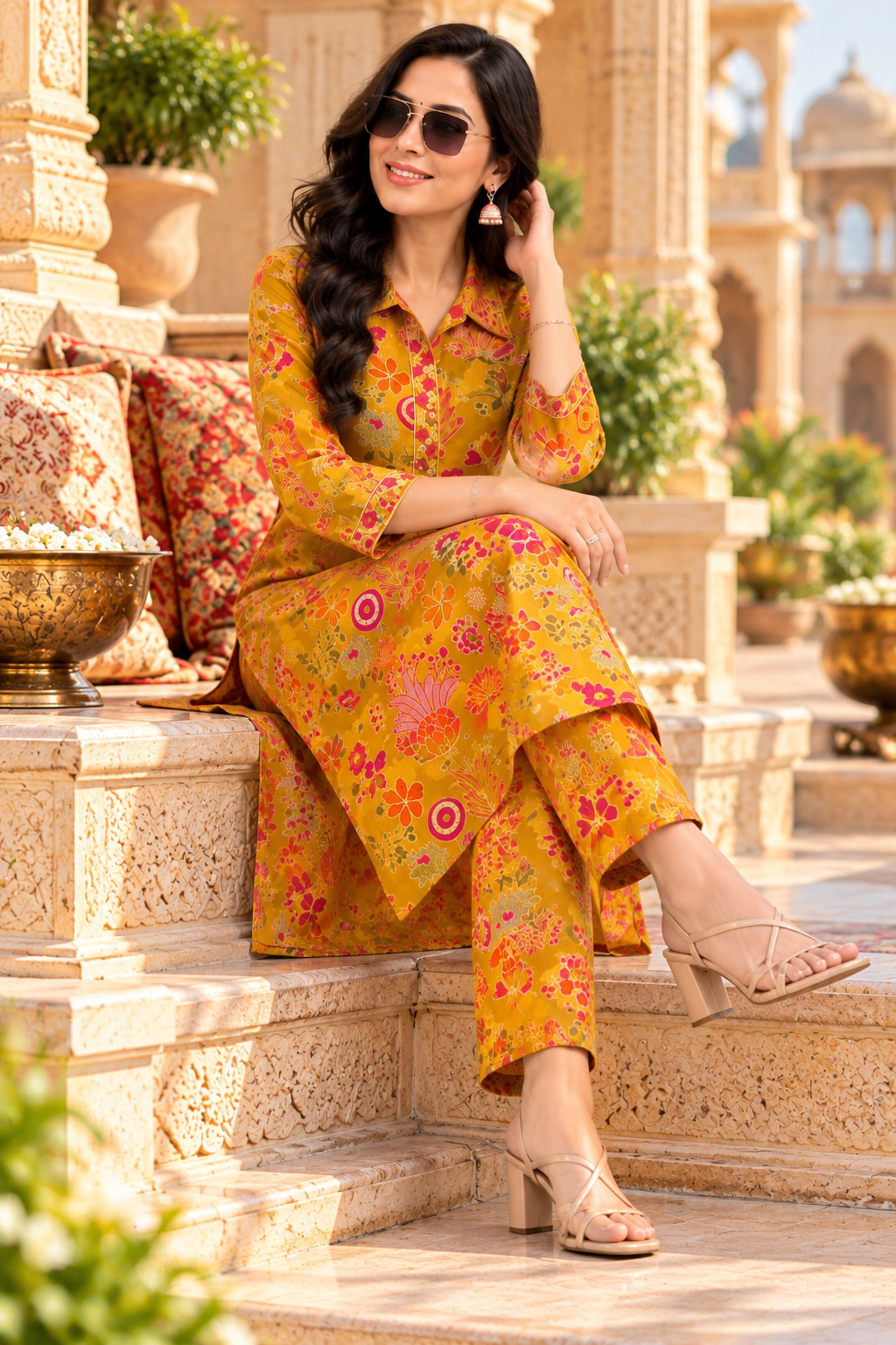 Roman Silk Kurti Pant Set(Mustard)