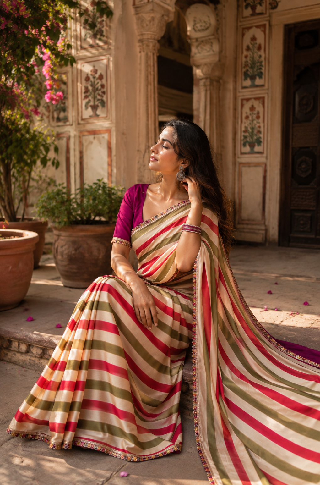Soft Chinon Lehriye  Silk Saree With Unstitched Blouse(Green)