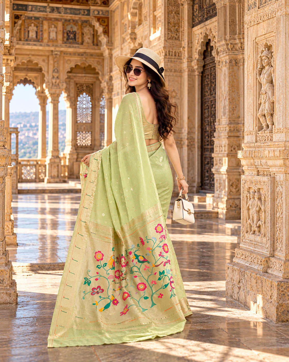 Premium Paithani Silk Butti Jari Work Saree With Unstitched Blouse (Apricot Peach)