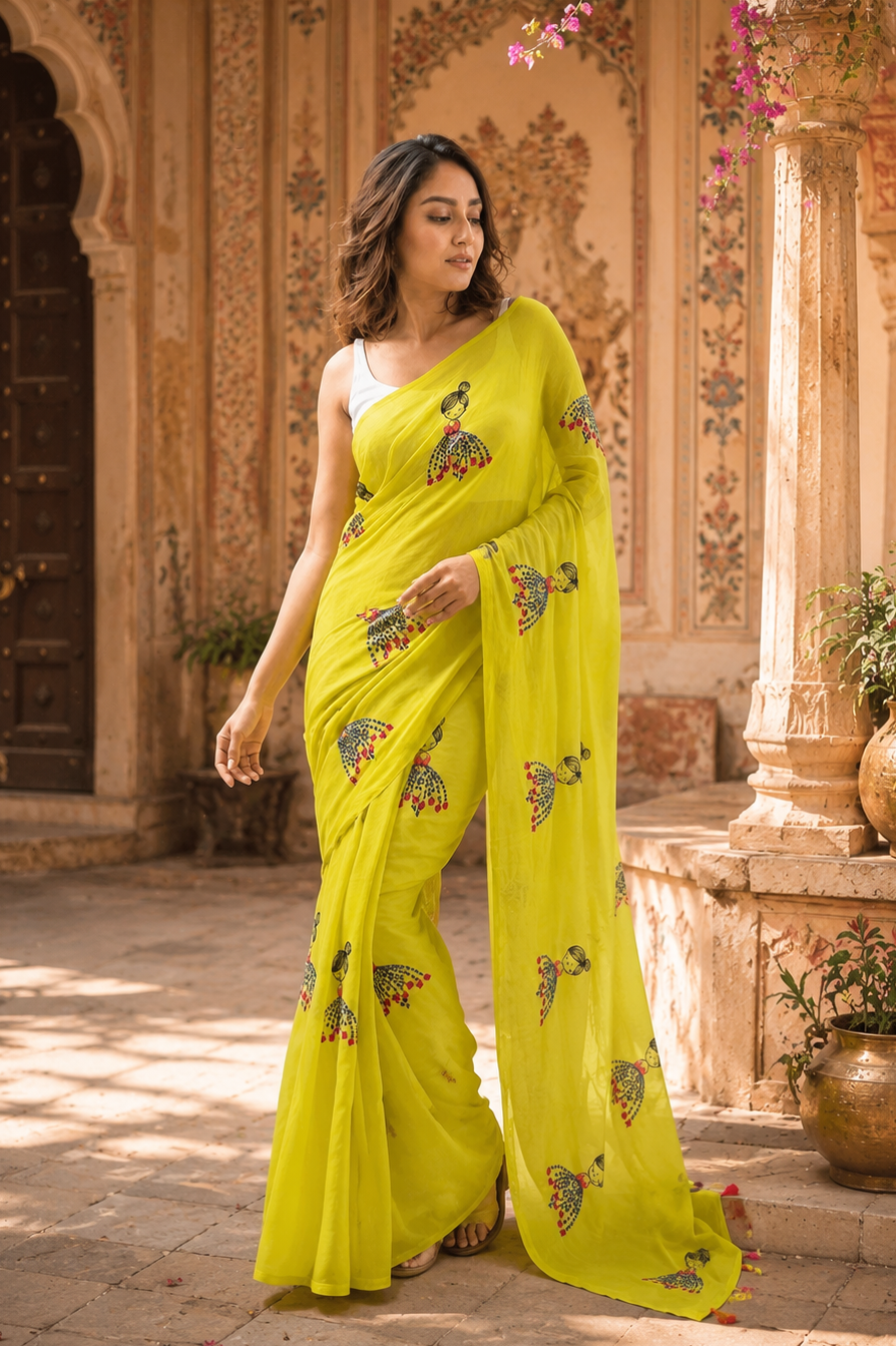 Chanderi Linen Printed Saree With Unstitched Blouse(Green)