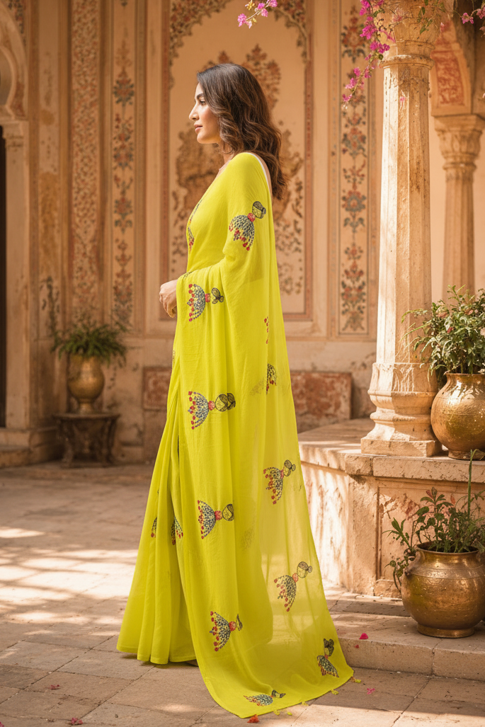 Chanderi Linen Printed Saree With Unstitched Blouse(Green)