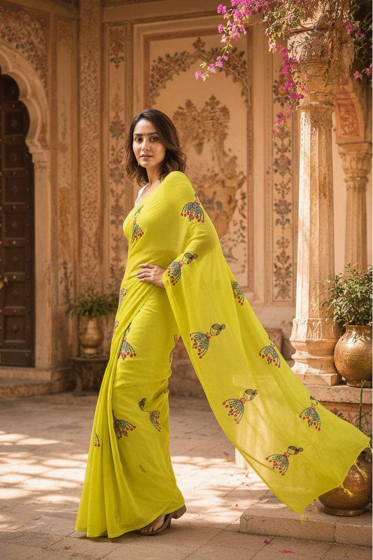 Chanderi Linen Printed Saree With Unstitched Blouse(Green)