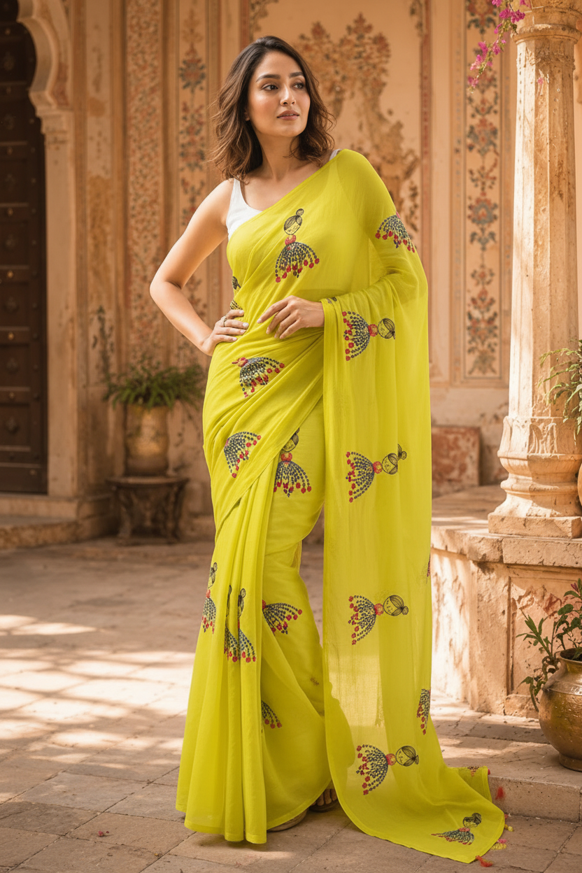 Chanderi Linen Printed Saree With Unstitched Blouse(Green)