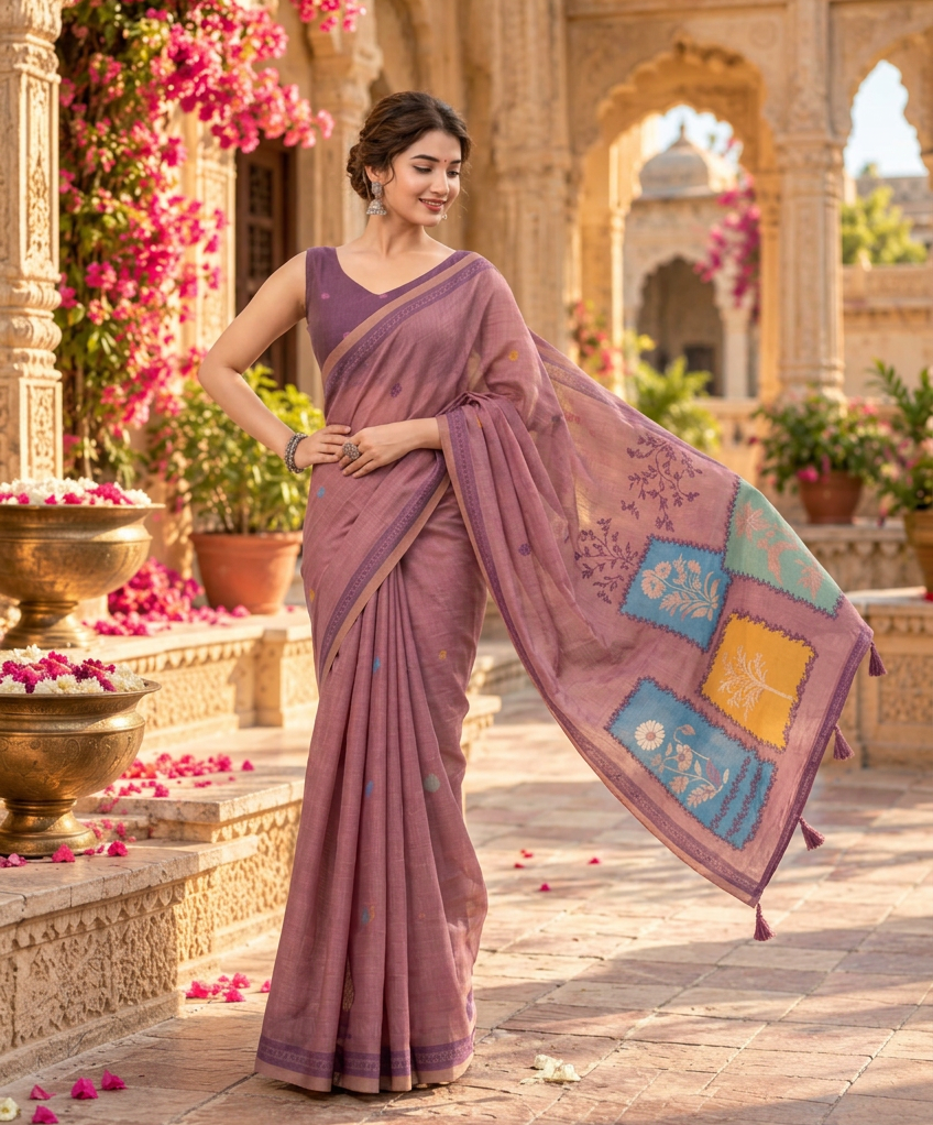 Premium Cotton Printed Saree With Unstitched Blouse(Pink)