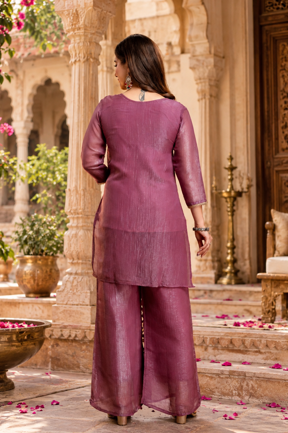 Tissue Silk Kurti Palazzo With Dupatta Set(Purple)