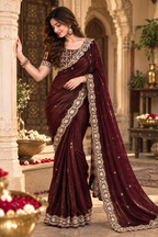 Satin Silk Embroidery Work Saree with Unstitched Blouse(Dark Wine)