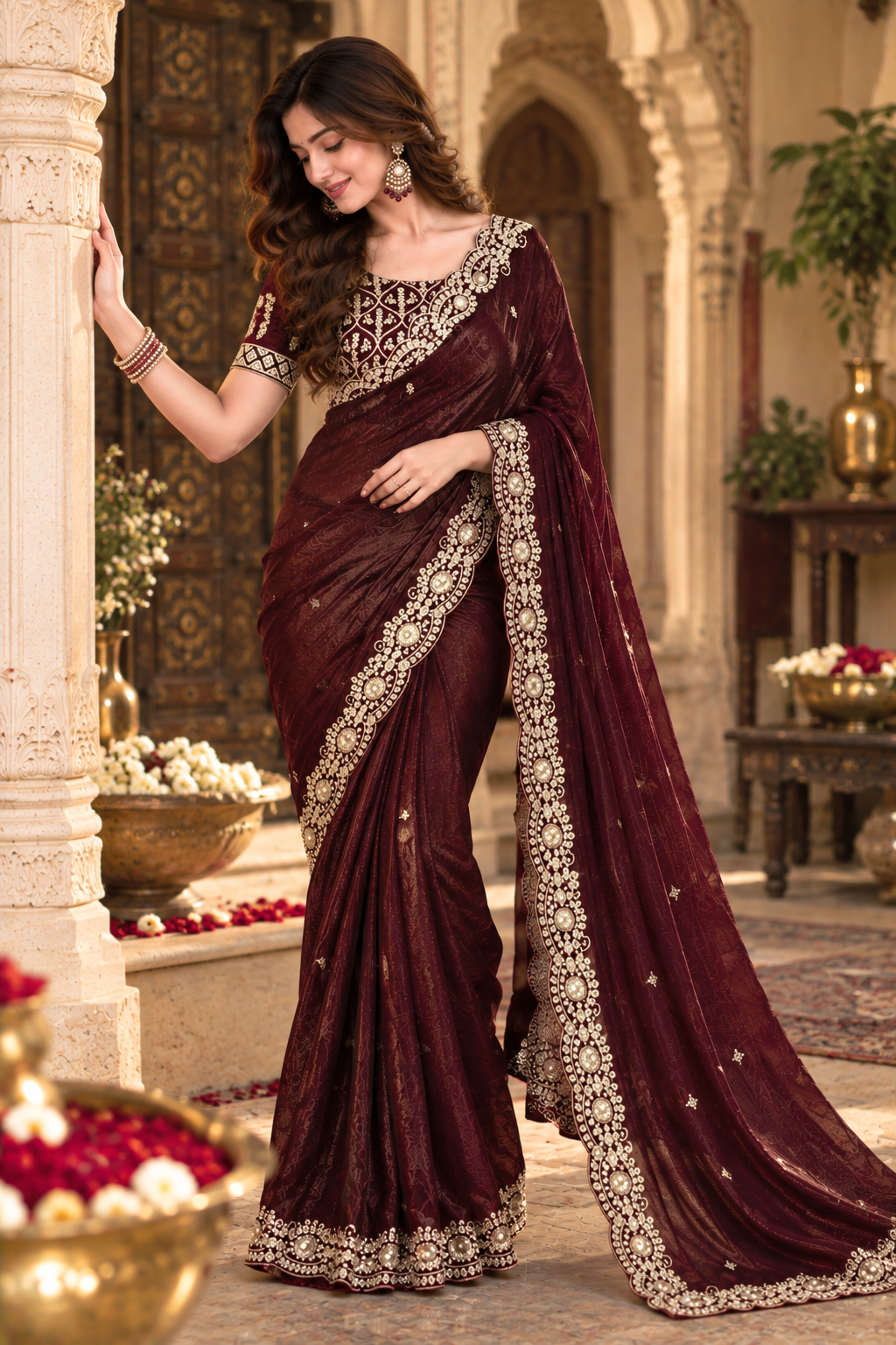 Satin Silk Embroidery Work Saree with Unstitched Blouse(Dark Wine)
