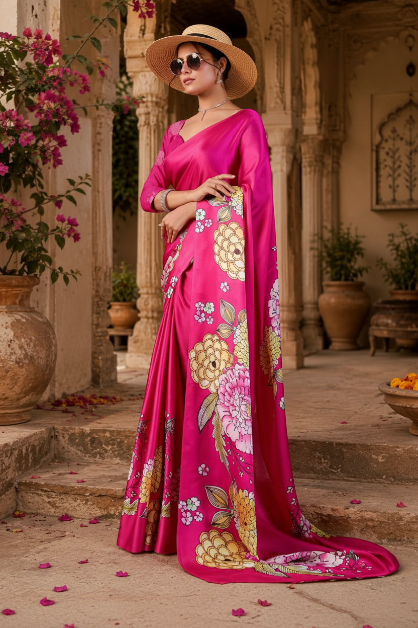 Elegant Georgette Print Saree with Unstitched Blouse(Magenta)