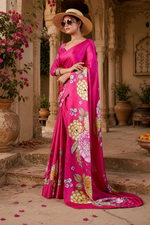 Load image into Gallery viewer, Elegant Georgette Print Saree with Unstitched Blouse(Magenta)
