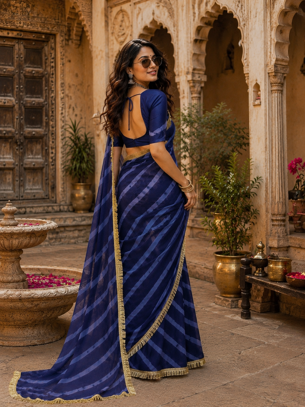 Georgette Traditional Zari Gold Lace Border Saree With Unstitched Blouse(Blue)