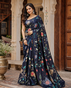 Georgette Digital Printed Saree With Unstitched Blouse(Black)