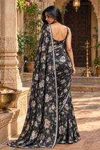Georgette Floral Print Saree With Unstitched Blouse(Black)