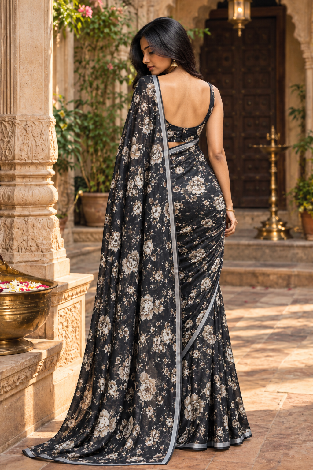Georgette Floral Print Saree With Unstitched Blouse(Black)