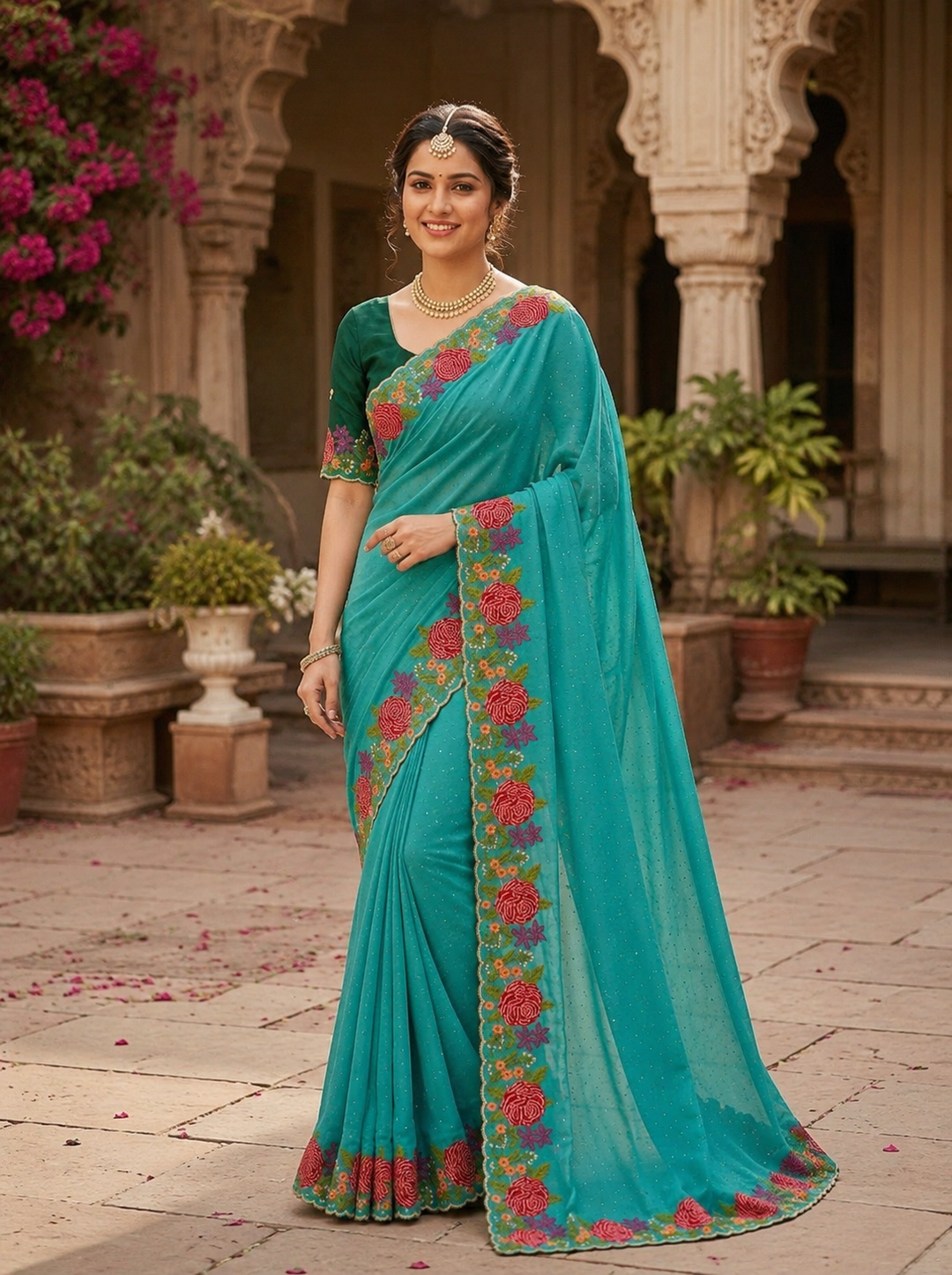 Star Georgette Heavy Work Saree With Unstitched Blouse(Blue)