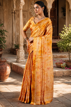 Satin Silk Ajrakh Printed Saree With Unstitched Blouse(Mustard)