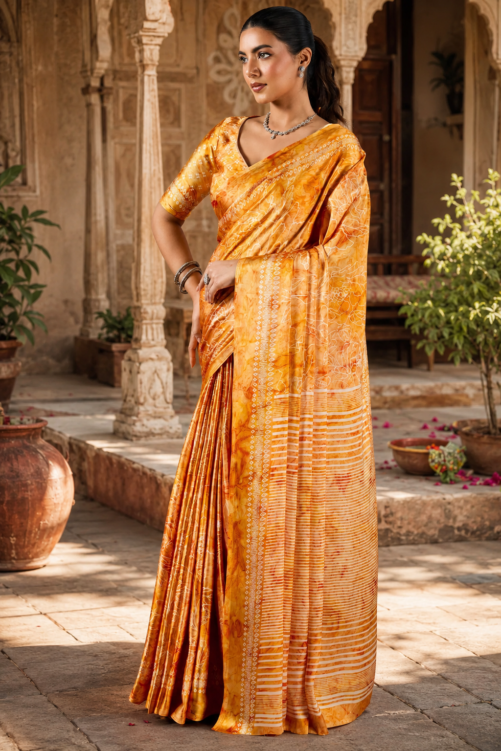 Satin Silk Ajrakh Printed Saree With Unstitched Blouse(Mustard)