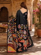 Manipuri Silk Kalamkari Print Saree With Unstitched Blouse(Black)