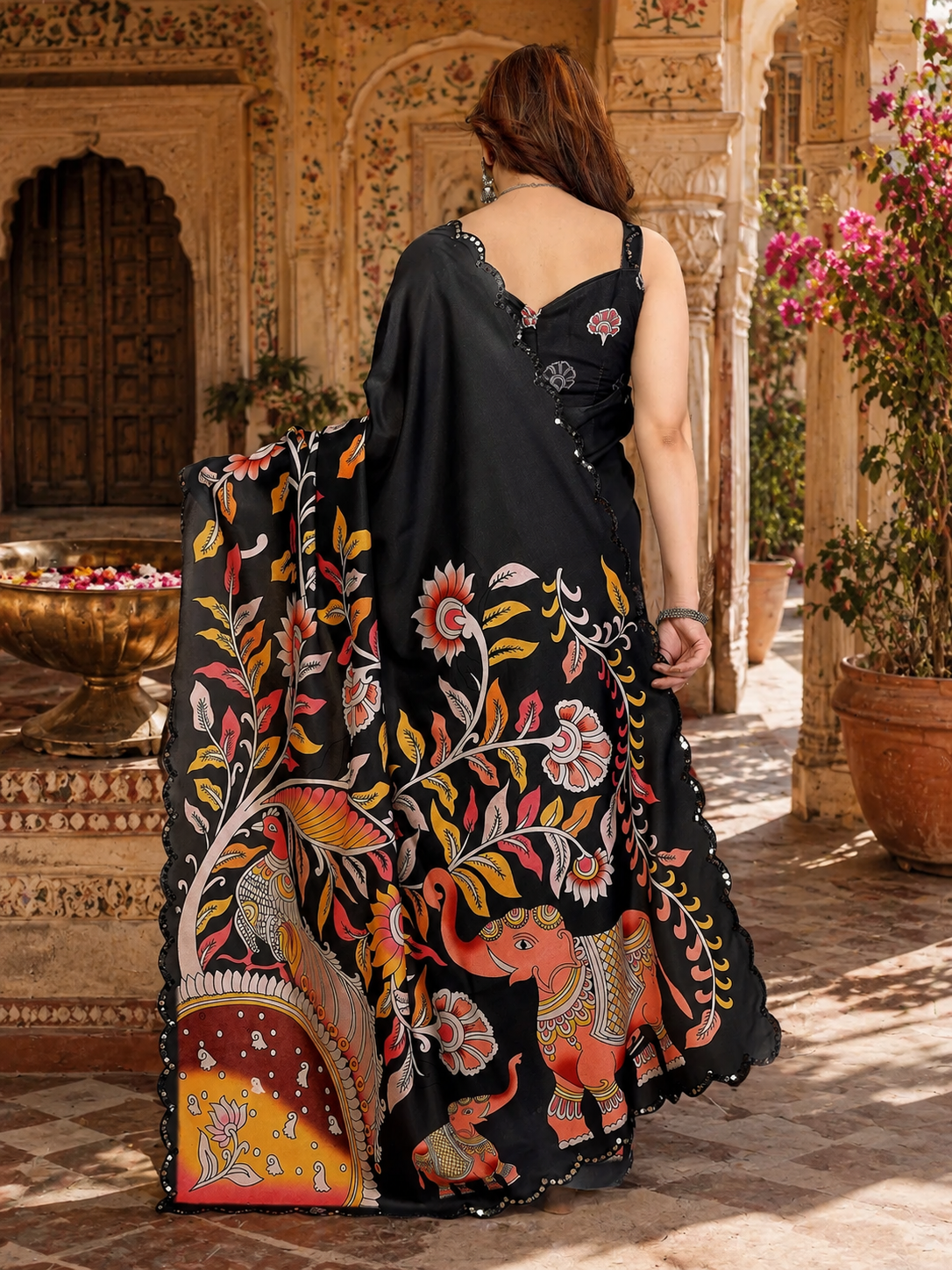 Manipuri Silk Kalamkari Print Saree With Unstitched Blouse(Black)